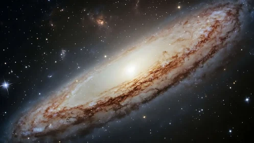 Spiral galaxy core glows amid dense starfield and dust lanes.