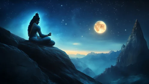 Moonlit ascetic meditating on high crag in ethereal night