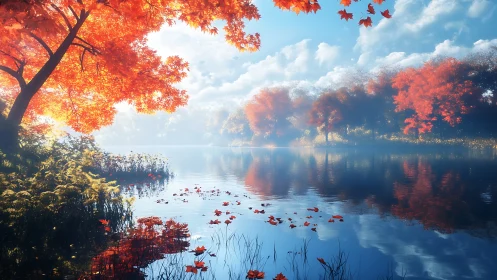 Autumn lakeside panorama with volumetric light and mirrorlike reflections