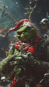 Mischievous green holiday trickster in snowy forest glow.