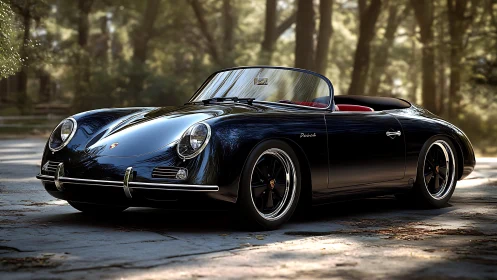 Classic black roadster parked on sunlit forest road.