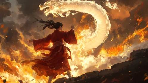 Fire mage commands a blazing dragon spirit amid chaos