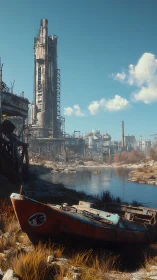 Derelict boat below rusted refinery in clear daylight.