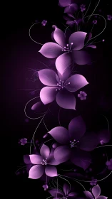 Purple Neon Flowers on Black Background.