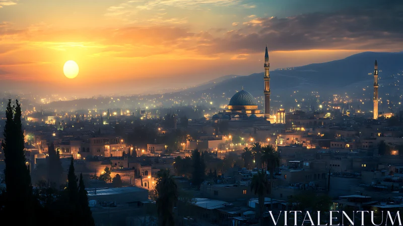 Sunset illuminates domed mosque and urban landscape below