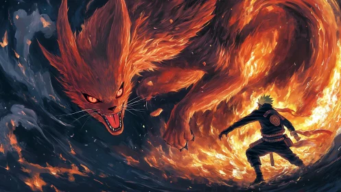 Fiery ninja confronts colossal fox spirit in swirling flames.