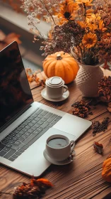 Cozy autumn workspace pairs warm florals with laptop focus