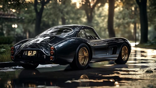 Aerodynamic grand tourer on wet boulevard at golden hour.