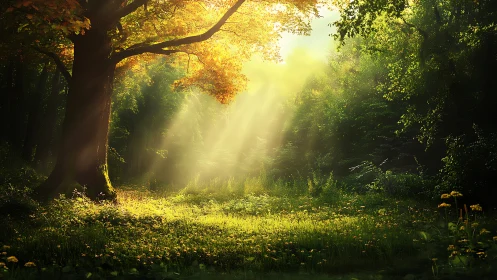 Sunlit Forest Clearing with Lush Greenery in Dreamy Light.