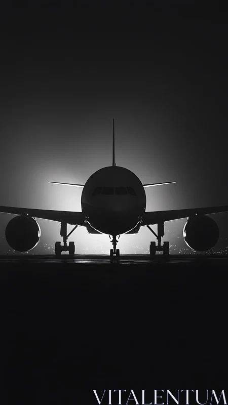Front silhouette view of large passenger aircraft at night.