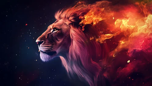 Lion profile with fiery mane against dark abstract field.