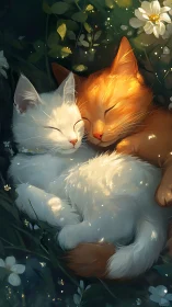 Two glowing cats cuddled together in a magical garden.