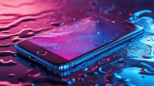 Smartphone on wet surface with pink and blue lighting.