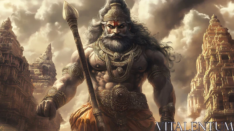 Thunder-eyed temple titan strides through storm-carved clouds