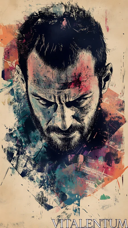 Intense male portrait amid chaotic abstract splashes.