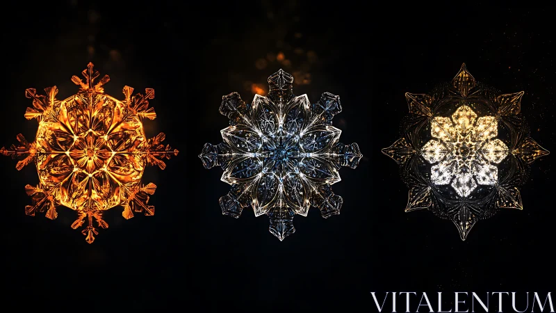 Triad of illuminated crystalline snowflake structures.