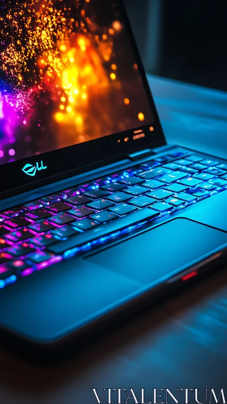RGB laptop keyboard under neon light with vivid display.