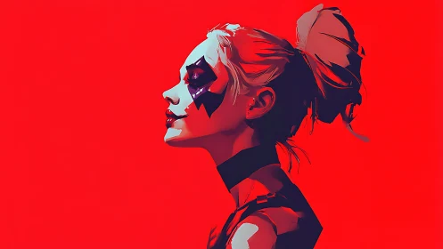 Stylized profile of masked woman on solid red field.