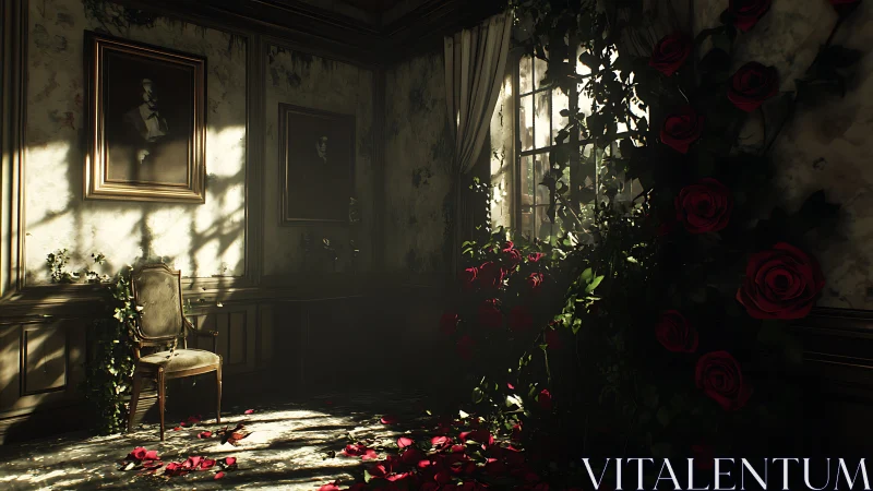 Forsaken parlor overgrown with roses and shafts of light.