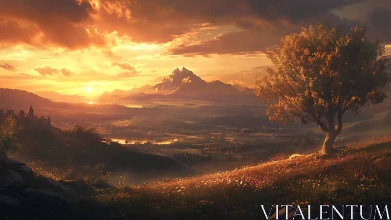 Volumetric sunset over valley plain with solitary hillside tree.
