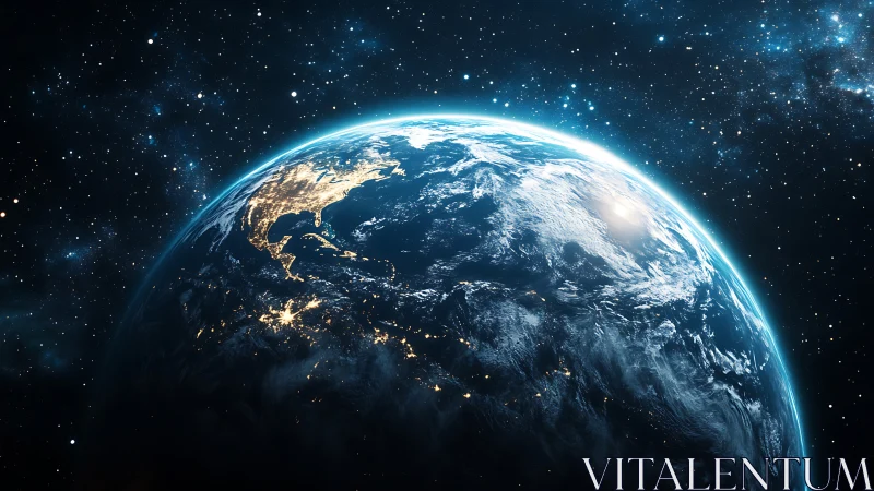 Earth from orbit glows over nightlit continents in space