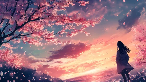 Girl lingers beneath cherry blossoms at a glowing ocean sunset