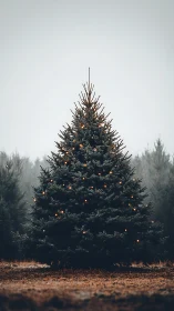 Outdoor Christmas tree with warm lights in misty field.