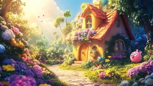 Sunlit cottage path with whimsical garden and pink piglet.