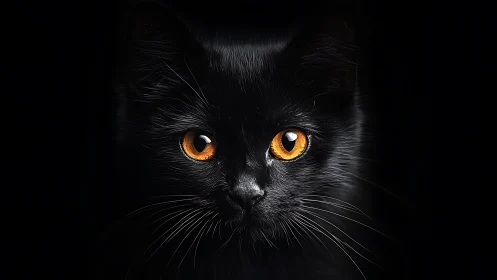 Black Feline with Luminescent Amber Eyes Against Dark Background