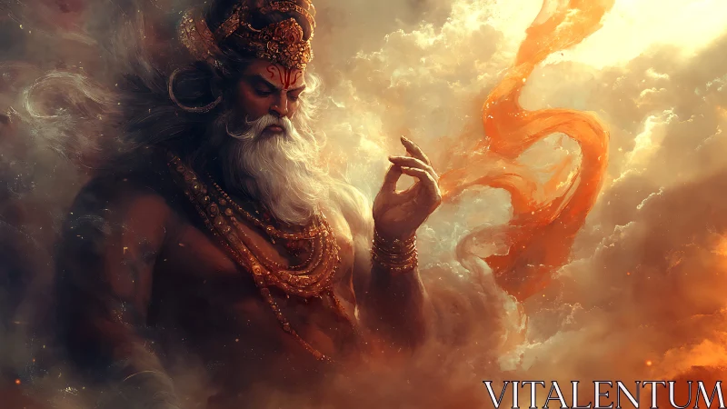 Divine male figure in clouds with orange fabric and light.