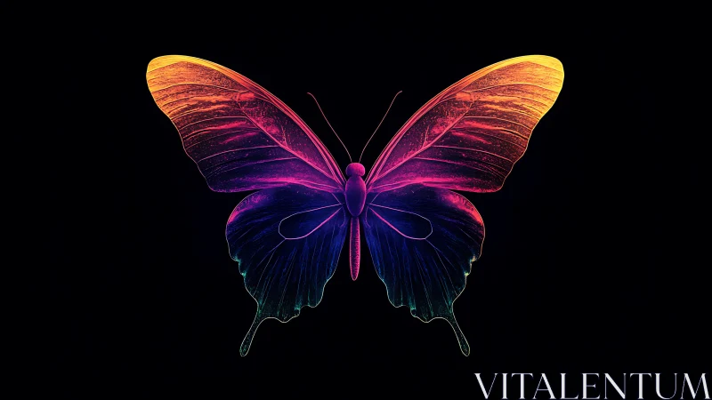 Neon gradient butterfly on black with radiant wing veining.