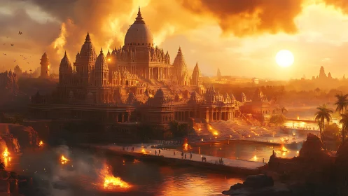 Sunlit temple metropolis renders monumental sacred architecture