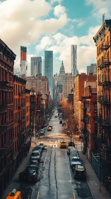 Sunlit city canyon where wet streets mirror rising towers.