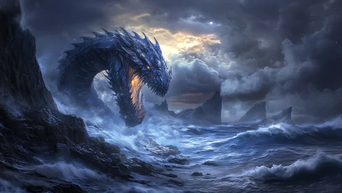 Sea dragon rises through storm-torn ocean cliffs at dusk.
