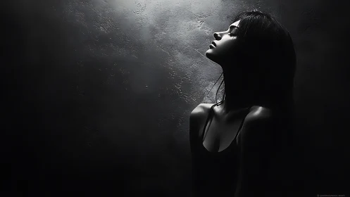 Shadowlit girl inhaling moonlight against a rough wall.