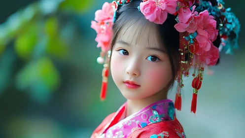 Graceful child portrait in ornate floral hanfu headdress.