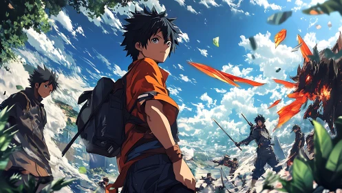 Anime battle cohort against flaming draconic entity in skyfield.