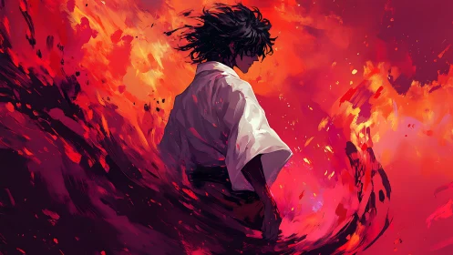 Solitary warrior stands within swirling red firestorm