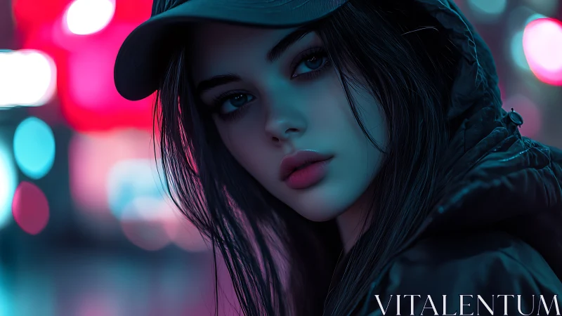 Hooded woman stands under neon city lights at night