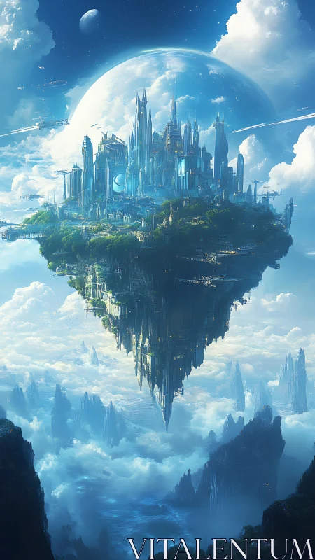 Elevated futuristic city structure hovers above cloud layer