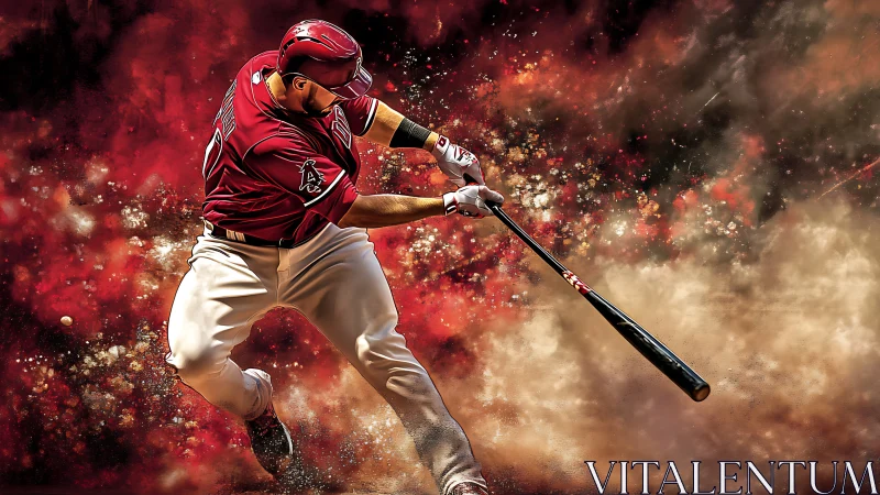 Baseball slugger swings through explosive dust and sparks.