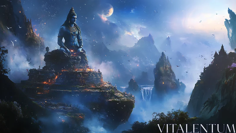 Colossal seated deity structure dominates misted mountain basin