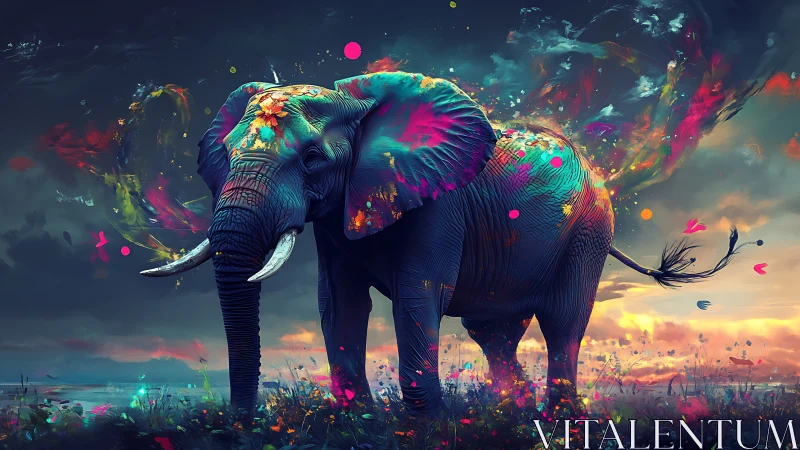 Color-splashed elephant wandering through a dream dusk.