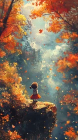 Small wanderer on an autumn cliff beneath swirling leaves.