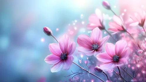 Pink cosmos flowers with bokeh depth on blue gradient background