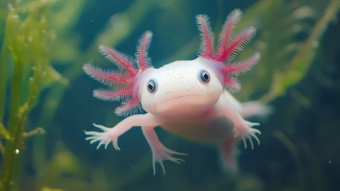 Translucent axolotl with filamentous gills in shallow aquatic habitat