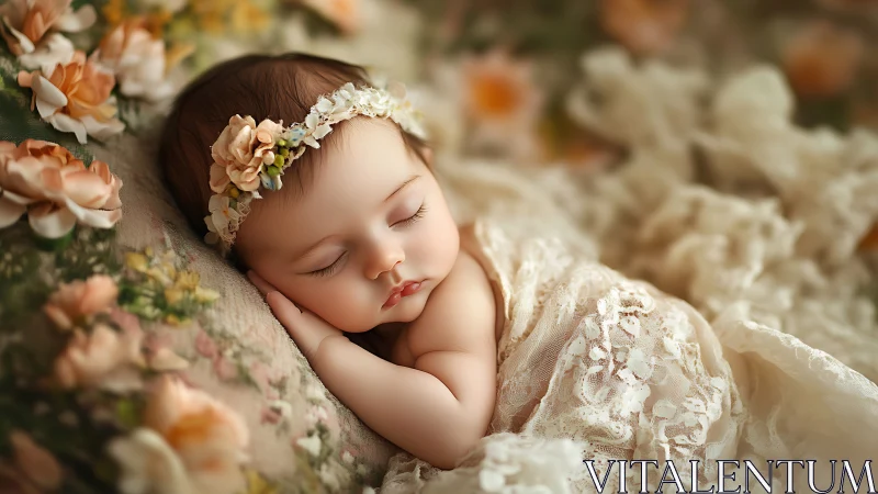 Sleeping Newborn with Floral Crown in Lace Wrappings.