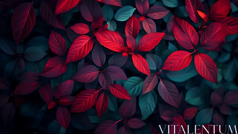 Overhead view isolates red and teal leaves in controlled light