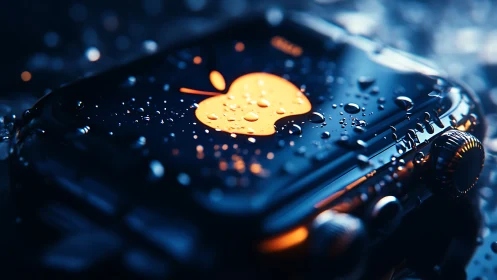 Smartwatch surface shows illuminated logo under water droplets