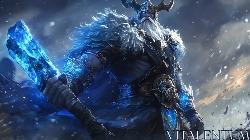 Storm-lit ice warlord strides through a roaring winter sky.